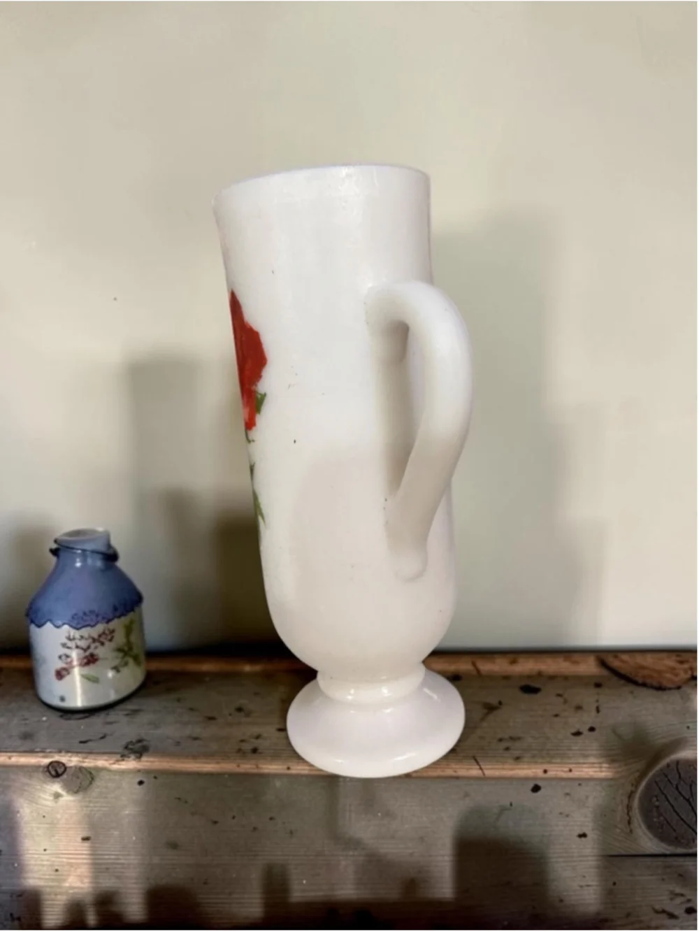 Vintage White Milk Glass Footed Bud Vase with Red & Yellow Roses Floral Cottage